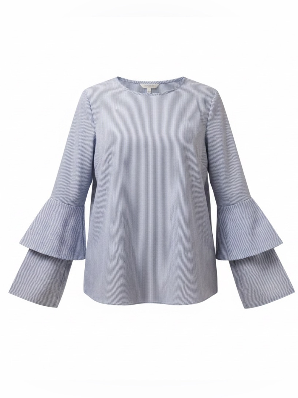 Chelsea28 Women’s Blouse with Ruffled Bell Sleeves. Blue, White. Size Medium